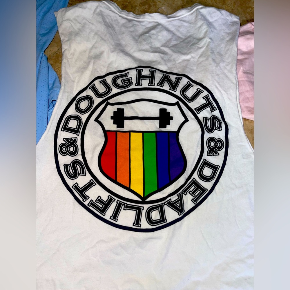 DNDL doughnuts and deadlifts Pride shirt (from the golden era before NEW owner